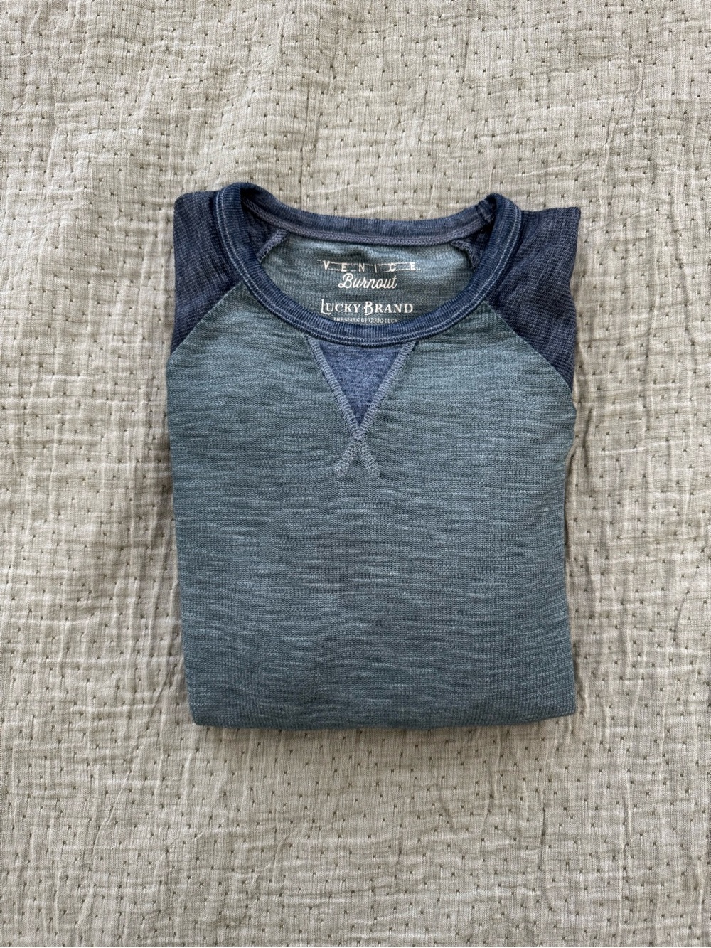 Lucky Brand Venice Burnout Blue Contrast Long Sleeve Raglan Crew T-Shirt - Picture 6 of 10